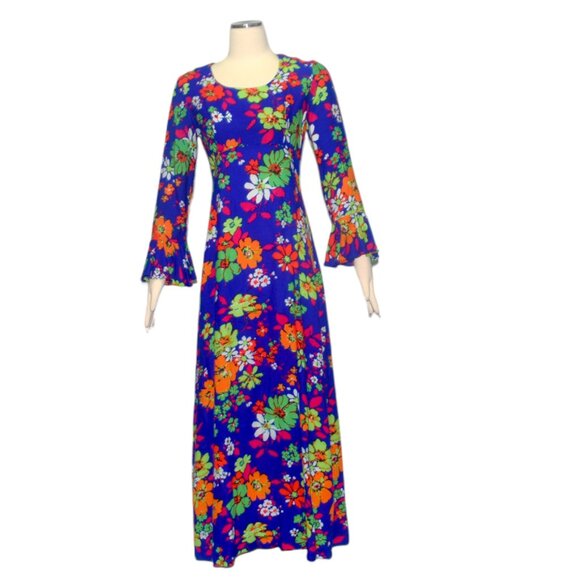 Vintage Maxi Dress Flower Power Print Long Sleeves 60s 70s Park East by Swirl M - Picture 1 of 9